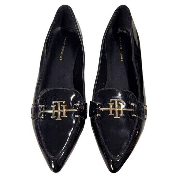 Tommy Hilfiger Black and gold patent leather flats ladies size 7.5 - Picture 1 of 7